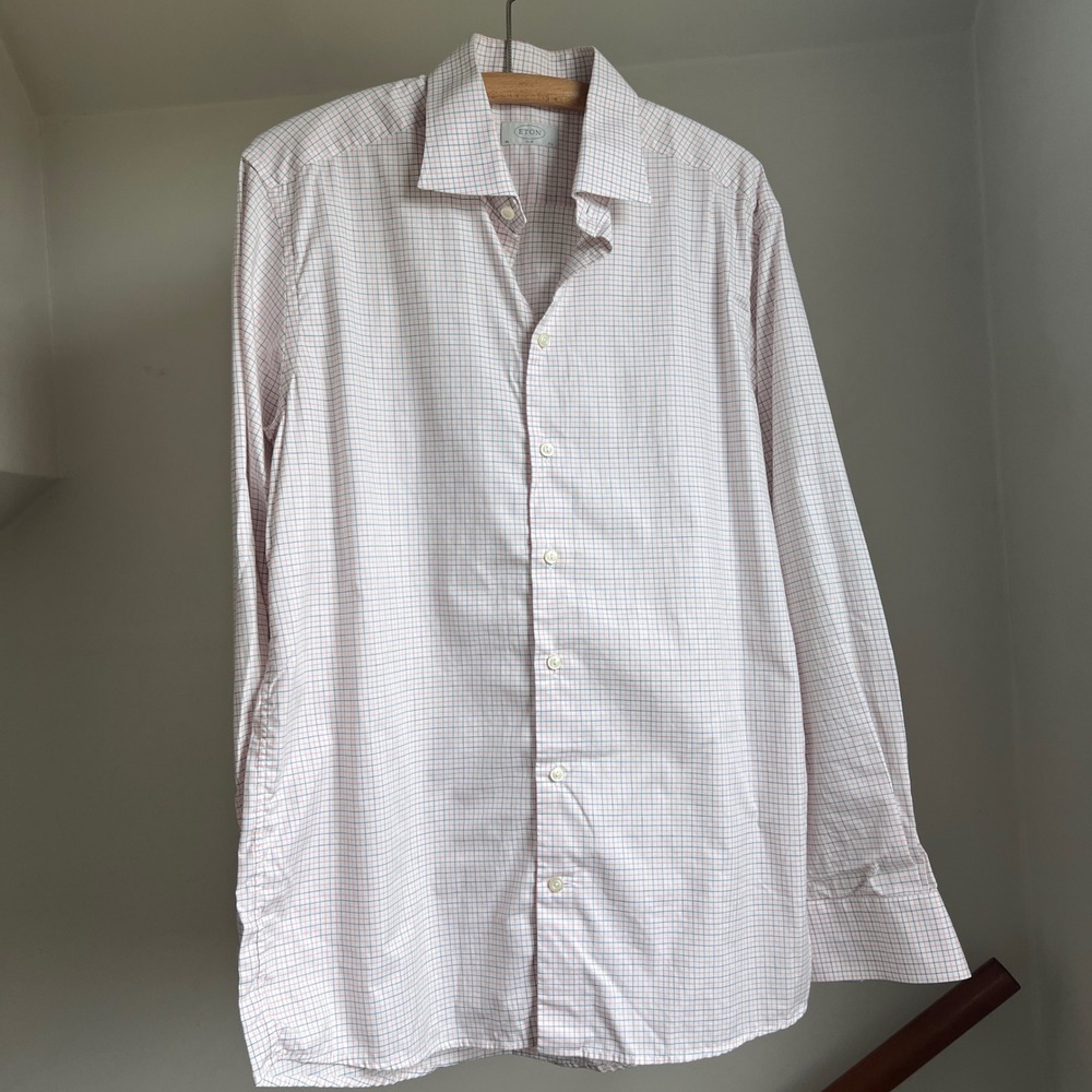 Eton Button Down Shirt 44 White Plaid Check Slim Fit Long Sleeve Luxury Preppy